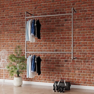 Double Rail Wall Mounted Clothing Rack | Industrial Pipe Clothes Rail | Space-Saving Display | Retail or Home Use | Custom Size