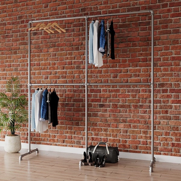 Industrial Clothing Rack - Free-Standing Heavy-Duty Vintage Garment Rack - Double Clothing and Coat Rack