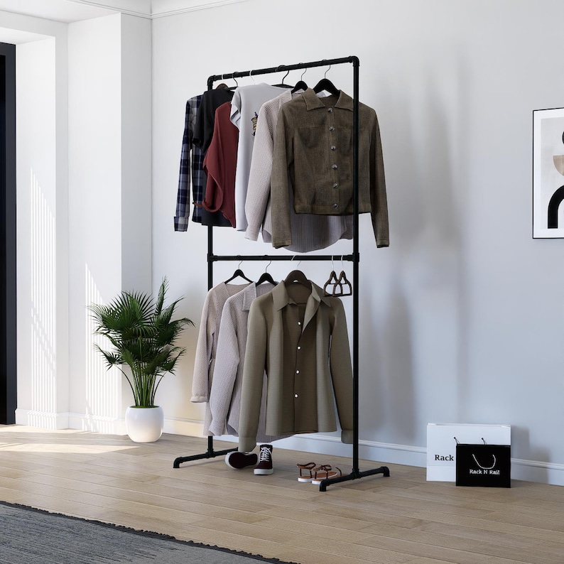 Free-Standing Double Clothing Rack – Heavy-Duty Solid Steel Tube Garment Rail for Home or Retail Display, Custom Sizes Available