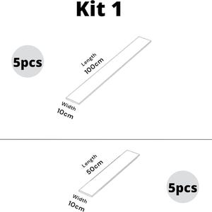 May include: Kit 1 includes two sets of wood strips. The first set contains 5 strips, each measuring 100 cm long and 10 cm wide. The second set contains 5 strips, each measuring 50 cm long and 10 cm wide.