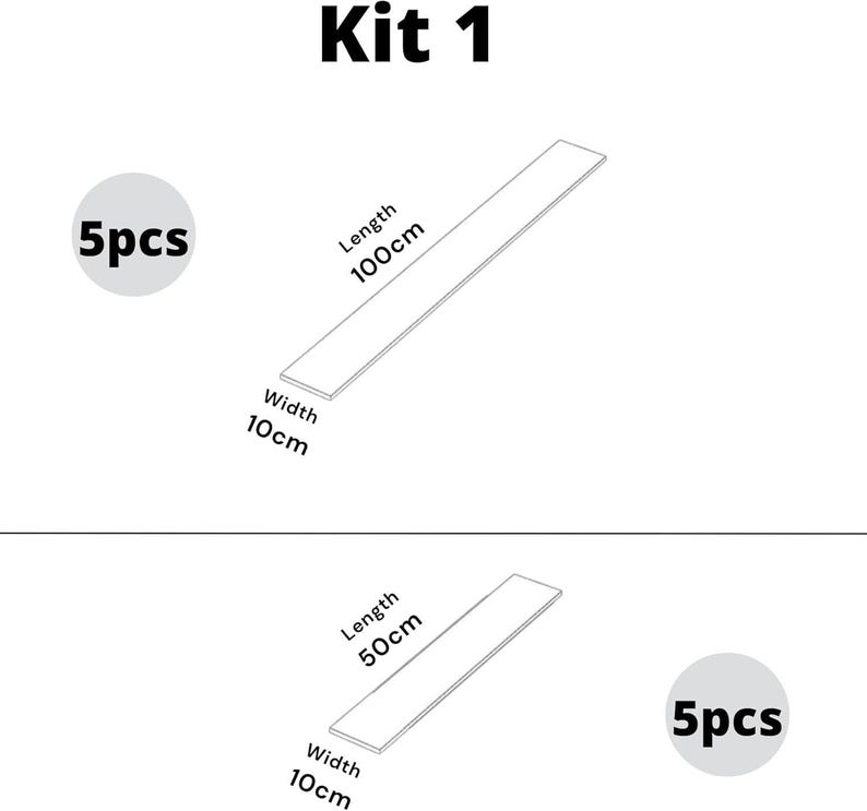 May include: Kit 1 includes two sets of wood strips. The first set contains 5 strips, each measuring 100 cm long and 10 cm wide. The second set contains 5 strips, each measuring 50 cm long and 10 cm wide.