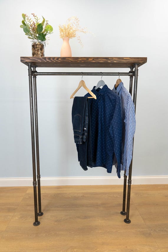 Floor Mounted  Clothing Rack with Top Wood Shelf | Industrial Pipe Garment Rail | Handmade Coat Rack | Custom Size | Home or Retail Display