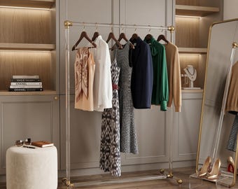 Free-Standing Lucite Clothing Rack | Minimalist Brass & Acrylic Garment Rail | Luxury Retail Display | Boutique Closet Organizer