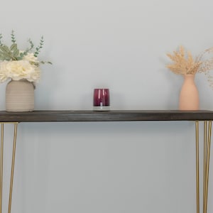 Rustic Reclaimed Wood Console Table | Slimline Radiator Shelf | Gold Hairpin Legs | Narrow Entryway Table | Custom Wood Finishes