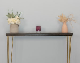 DAGO Table console rustique en bois de récupération avec pieds en épingle à cheveux dorés Design fin | Différentes couleurs de bois, pieds en bois récupérés pour radiateur