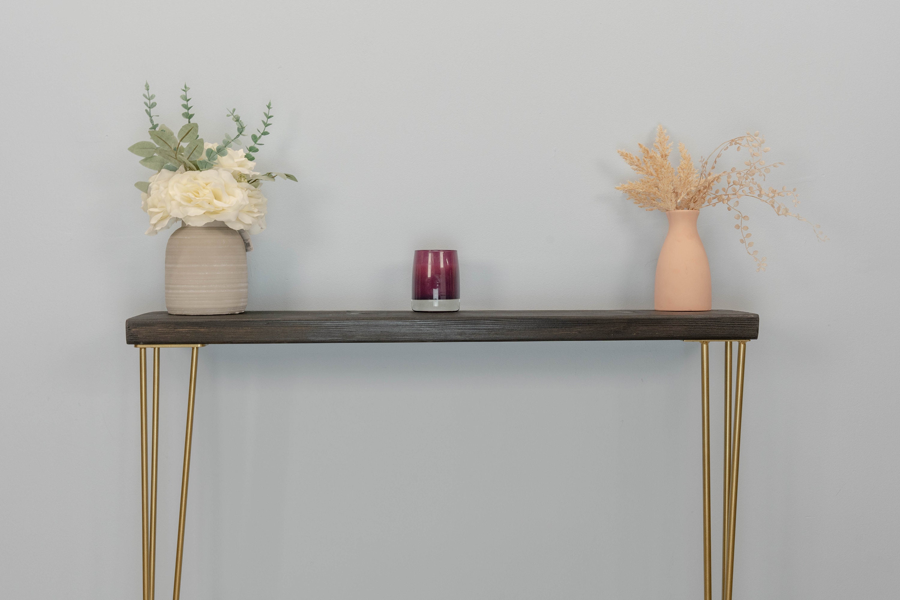 Rustic Reclaimed Wood Console Table | Slimline Radiator Shelf | Gold Hairpin Legs | Narrow Entryway Table | Custom Wood Finishes
