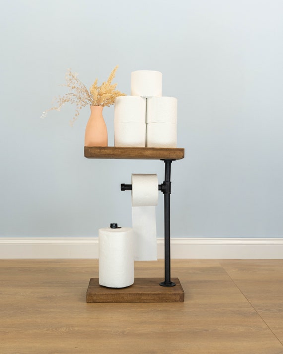 Rustic Toilet Paper Stand with Top and Bottom Shelf | Industrial Pipe Floor Holder | TP Dispenser with Storage | Wood & Metal Bathroom Rack