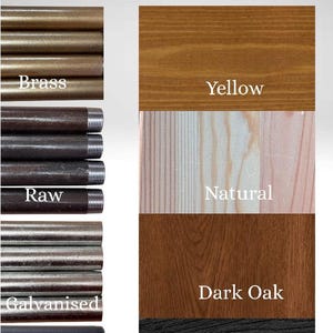 a collection of different colored pipes and wood samples, including brass, yellow, raw, natural, dark oak, and black, arranged in a color options section.
