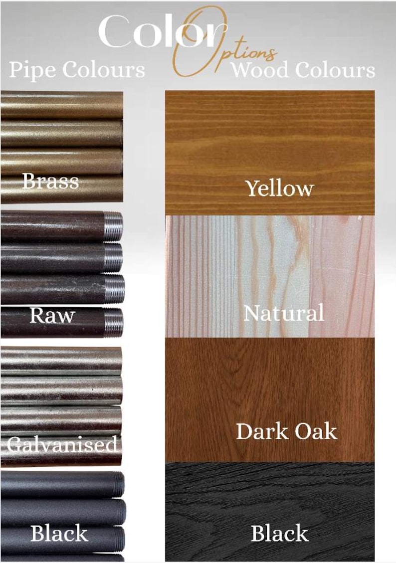 a collection of different colored pipes and wood samples, including brass, yellow, raw, natural, dark oak, and black, arranged in a color options section.