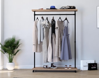 Retail Clothing Rack with Top & Bottom Shelves | Industrial Pipe Garment Rail | Wood Storage | Freestanding Display Rack | Custom Size