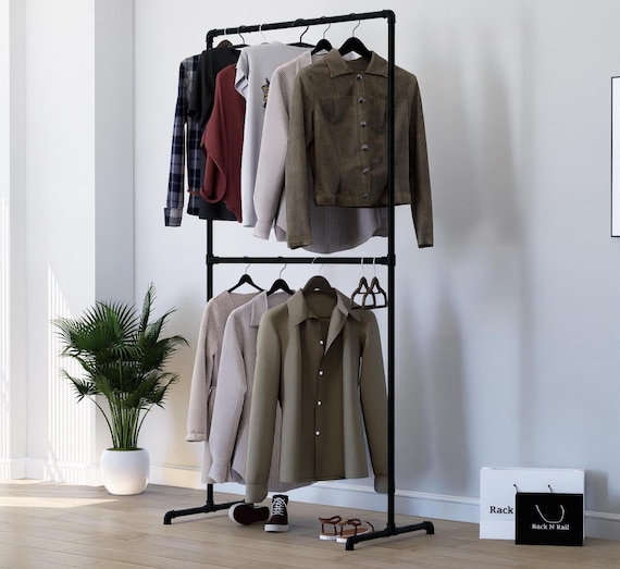 Double Clothing Rack | Heavy-Duty Solid Steel Garment Rail | Freestanding Clothes Rack | Custom Size | Retail Display or Home Storage
