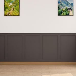May include: A room with dark brown wainscoting and a light wood floor. There are two framed pictures on the wall, one of a mountain range and one of a green valley. A potted plant is in the corner of the room.
