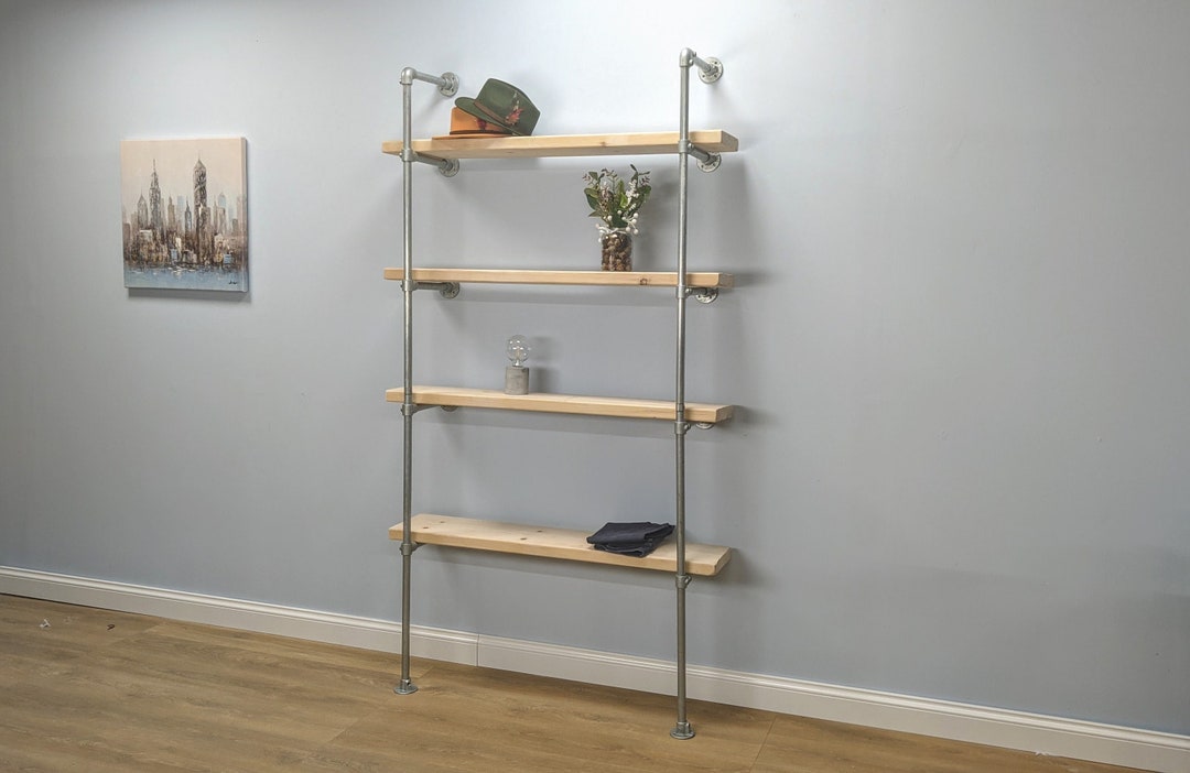 Industrial Metal Pipe Shelving Unit Wall Mounted Farmhouse Shelf Tiered Closet Shelving Wooden