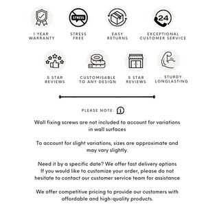 May include: An informational graphic with icons and text. Icons include a shield, a stress symbol, a box, and a clock. Text includes "1 Year Warranty", "Stress Free", "Easy Returns", and "Exceptional Customer Service". Additional text explains product details.