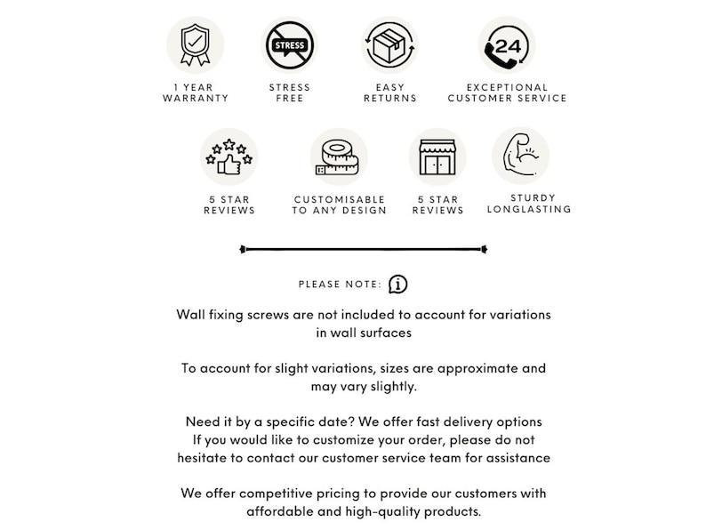 May include: An informational graphic with icons and text. Icons include a shield, a stress symbol, a box, and a clock. Text includes "1 Year Warranty", "Stress Free", "Easy Returns", and "Exceptional Customer Service". Additional text explains product details.