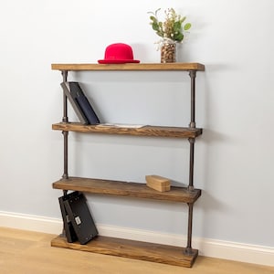 Vintage Industrial Bookshelf | Freestanding Rustic Pipe Shelf Unit | Wooden Open Bookcase | Tiered Display Shelving | Loft & Home Storage