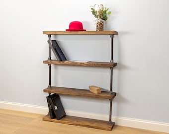 Vintage Industrial Bookshelf | Freestanding Rustic Pipe Shelf Unit | Wooden Open Bookcase | Tiered Display Shelving | Loft & Home Storage