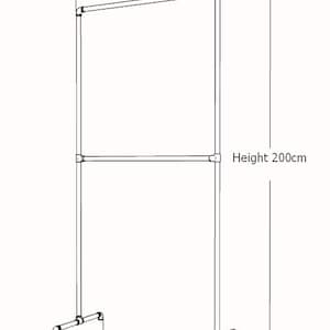 Puede incluir: Un dibujo lineal en blanco y negro de un perchero de tubos met&aacute;licos con dos barras horizontales y dos soportes verticales. El diagrama indica una altura total de 200 cm y una profundidad de base de 50-60 cm, con una dimensi&oacute;n de longitud.