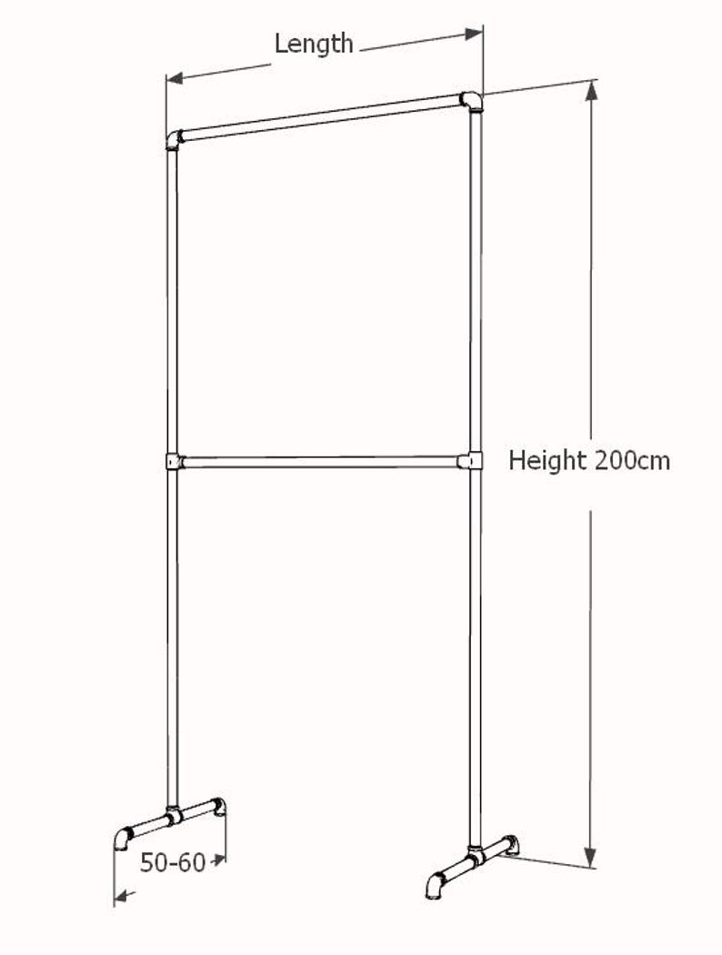 Puede incluir: Un dibujo lineal en blanco y negro de un perchero de tubos met&aacute;licos con dos barras horizontales y dos soportes verticales. El diagrama indica una altura total de 200 cm y una profundidad de base de 50-60 cm, con una dimensi&oacute;n de longitud.