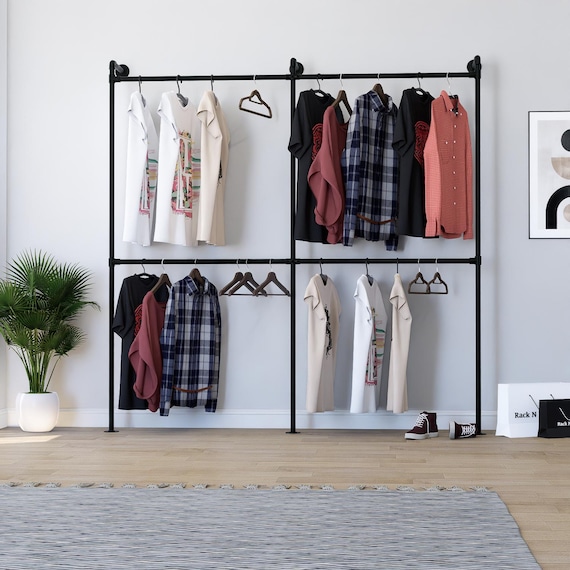 Zweireihiger Industrie Kleiderständer | Boutique Wandaufsteller | 4-teiliger Kleiderständer | Hochleistungsstahlrohr-Garderobe