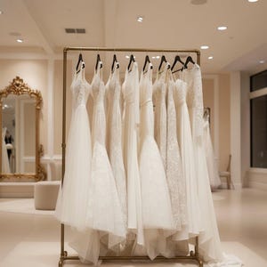 Pode incluir: Uma coleção de vestidos de noiva brancos e marfim pendurados num cabideiro de metal dourado. Os vestidos apresentam vários decotes, comprimentos de manga e texturas de renda ou tule, todos suspensos em cabides pretos alinhados.