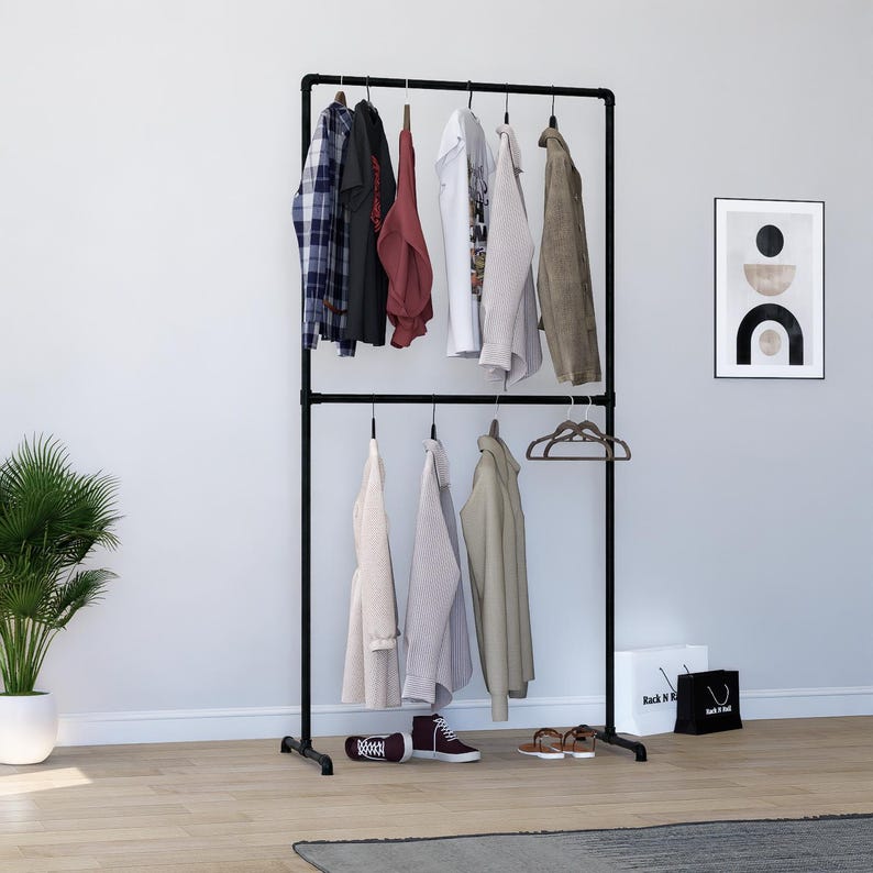 Free-Standing Double Clothing Rack – Heavy-Duty Solid Steel Tube Garment Rail for Home or Retail Display, Custom Sizes Available