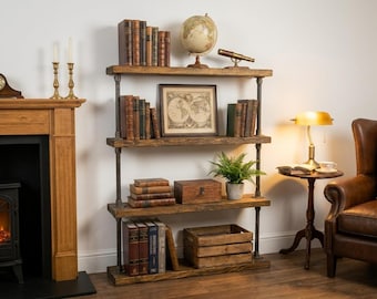 Industrial Vintage Bookshelf | Freestanding Rustic Pipe Shelf Unit | Wooden Tiered Bookcase | Open Display Shelving for Home or Retail