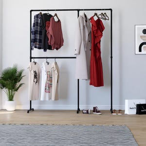 Double Rail Industrial Clothing Rack | Freestanding Garment Rail with 3 Sections | Heavy Duty Pipe Rack | Wardrobe or Retail Display