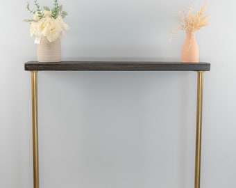 23x4cm Industrial Console Table with Gold Legs | Radiator Shelf | Reclaimed Wood Hallway Table | Scaffolding Style | Narrow Entryway Table