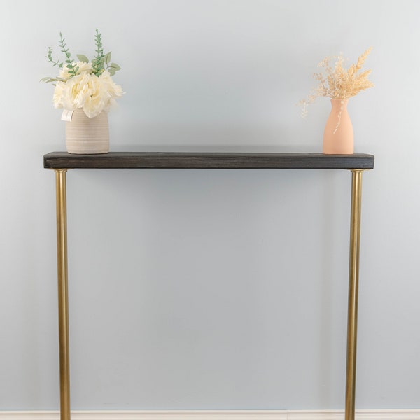 Table console industrielle en bois 23x4 cm | Table de couloir fine avec pieds dorés industriels | Étagère de radiateur | Style d'échafaudage