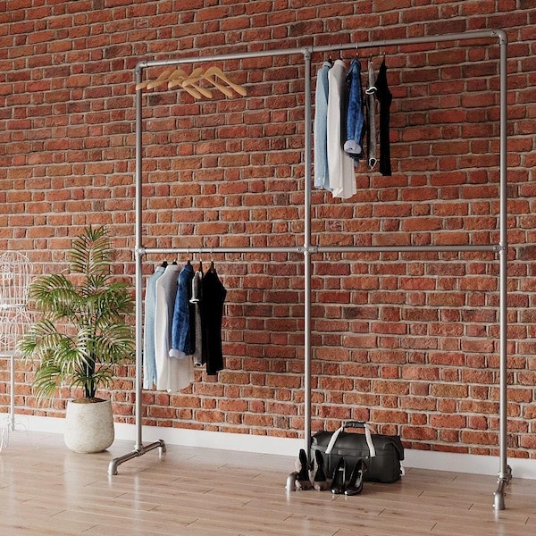 Heavy Duty Industrial Clothing Rack Double Rail, Freestanding Steel Garment Rail Solid Tube Wardrobe & Retail Display Custom Size Available