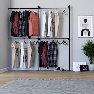 Corner Wall Mounted Clothing Rack | Double Rail Industrial Garment Rail | 4-Section Pipe Rack | Dual Wall Mount | Custom Size Available