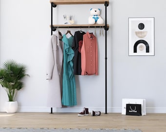 Perchero de pared con estantes dobles / Perchero industrial de tubo / Perchero resistente / Exhibición para venta minorista o hogar / Tamaño personalizado
