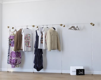 3-Section Lucite Clothes Rack | Wall-Mounted Acrylic & Brass Rail | Boutique Garment Display | Minimalist Closet Organizer