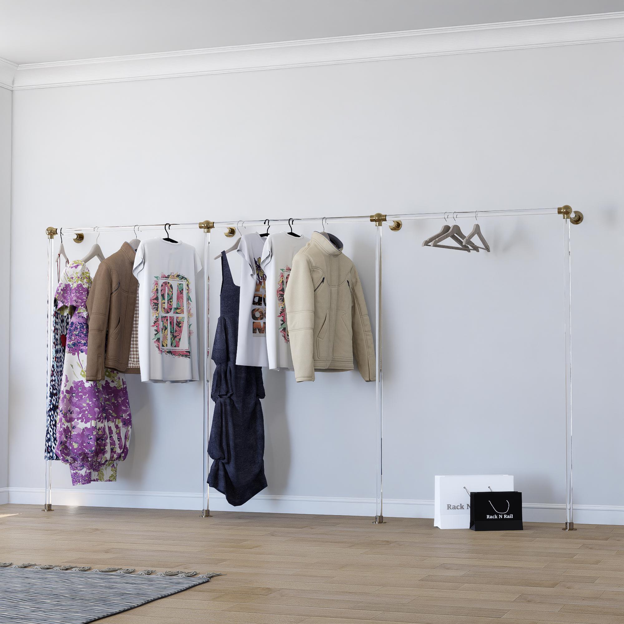 3-section Lucite Clothes Rack Wall-mounted Acrylic Brass Rail