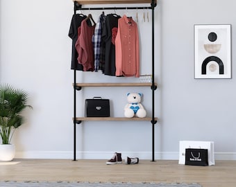 Perchero de pared de 3 niveles con estantes / Riel industrial / Almacenamiento resistente / Exhibición minorista o uso doméstico / Tamaño personalizado