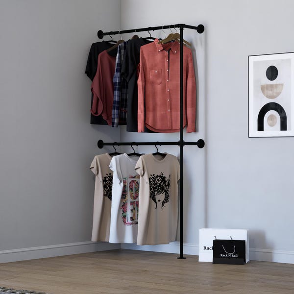 Corner Wall Mounted Double Rail Clothing Rack | Heavy Duty Galvanized Pipe Garment Rail | Industrial Coat Hanger | Retail or Home Use