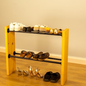 2-Tier Pipe & Wood Shoe Rack | Industrial Shoe Storage Stand | Minimalist Entryway Organizer | Handmade Vintage Shoe Shelf