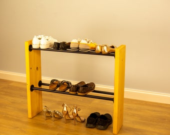 2-Tier Pipe & Wood Shoe Rack | Industrial Shoe Storage Stand | Minimalist Entryway Organizer | Handmade Vintage Shoe Shelf