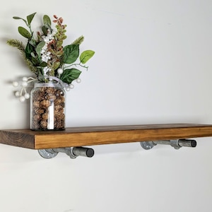 Chunky Rustic Wall Shelf | Reclaimed Wood Shelf with Steel Brackets | Industrial Farmhouse Floating Shelf | Steampunk Style Wall Storage