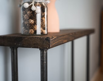 Industrial Wooden Console Table | Slim Radiator Shelf | Hallway Table with Grey Scaffolding Legs | Reclaimed Wood Slimline Entryway Table