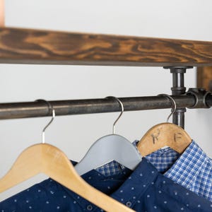 Floor Mounted Clothing Rack with Top Wood Shelf | Industrial Pipe Garment Rail | Handmade Coat Rack | Custom Size | Home or Retail Display image 2