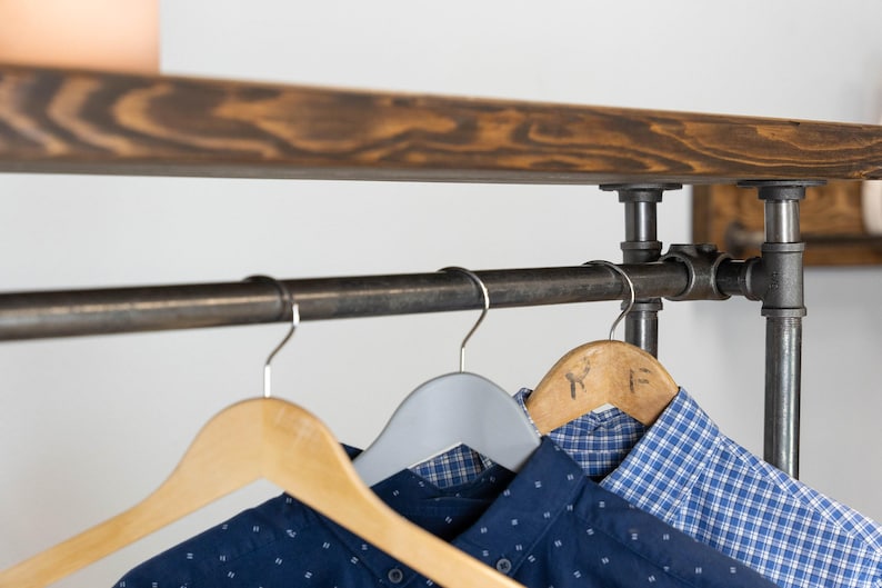 Floor Mounted Clothing Rack with Top Wood Shelf | Industrial Pipe Garment Rail | Handmade Coat Rack | Custom Size | Home or Retail Display image 2
