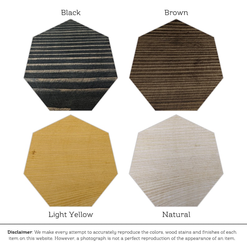 May include: A display of four wooden samples in different colors: black, brown, light yellow, and natural. Each sample is a unique, multi-sided shape. The text "Black", "Brown", "Light Yellow", and "Natural" are displayed above each sample.