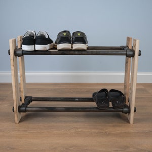 2-Tier Industrial Shoe Rack | Wood & Pipe Shoe Storage | Minimalist Entryway Organizer | Vintage Shoe Stand | Handmade Hallway Rack