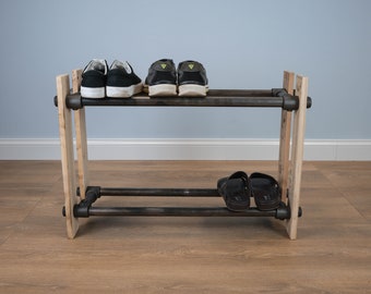 2-Tier Industrial Shoe Rack | Wood & Pipe Shoe Storage | Minimalist Entryway Organizer | Vintage Shoe Stand | Handmade Hallway Rack