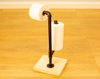 Black Toilet Paper Stand with Shelf | Rustic Wood & Pipe TP Holder | Freestanding Bathroom Storage | Industrial Floor Roll Dispenser