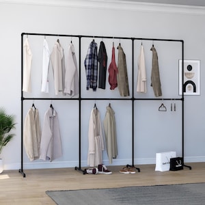 Modern Industrial Double Rail Garment Rack | Freestanding Pipe Storage | Solid Tube Construction | Home & Retail Display | Custom Size