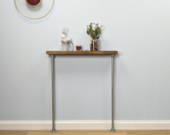 23x4cm Industrial Wooden Console Table | Slim Radiator Shelf | Reclaimed Wood Hallway Table | Narrow Console with Pipe Legs | Handmade