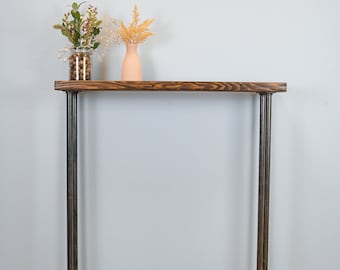 Free-Standing Industrial Wooden Console Table | Slimline Hallway Table with Radiator Shelf | Metal Pipe Legs